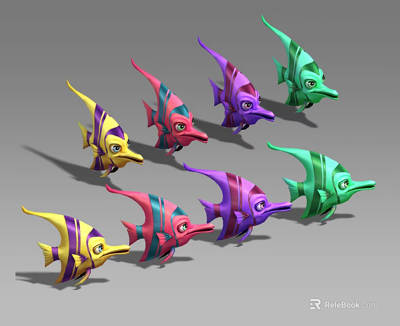Group of Colorful Cartoon Style Fish in Yellow Pink Purple and Green Hues 3d model 
