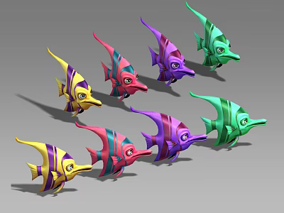 Group of Colorful Cartoon Style Fish in Yellow Pink Purple and Green Hues 3d model