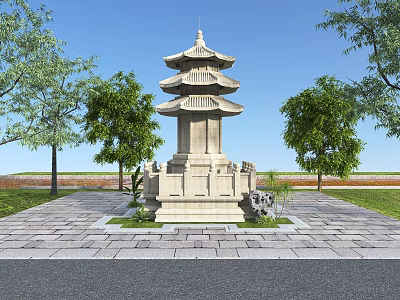 Multi Tiered Stone Pagoda Garden Ornament With Trees And Paved Area 3d model
