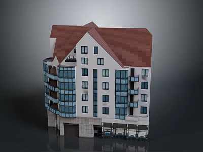 Modern Multi Storey Building With Red Roof White Walls And Glass Balconies 3d model