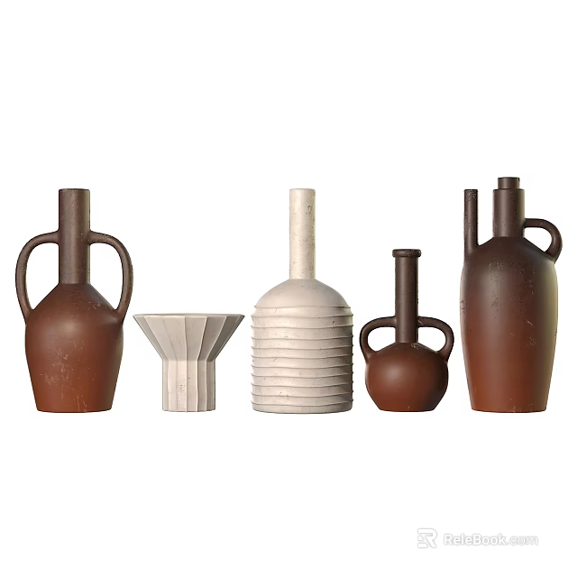 Ceramic Decorative Ornament Set With Brown White Vases Handle Bottles And Textured Design 3d model 
