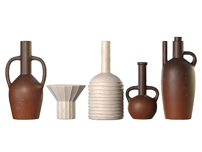 Ceramic Decorative Ornament Set With Brown White Vases Handle Bottles And Textured Design 3d model