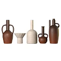 Ceramic Decorative Ornament Set With Brown White Vases Handle Bottles And Textured Design