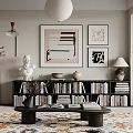Elegant Living Room Interior Featuring Green Chair Black Bookshelf White Sculpture And Patterned Rug