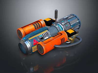 Futuristic Orange And Blue Cylindrical Mechanical Weapon With Warning Signs And Black Connectors 3d model