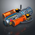 Futuristic Orange And Blue Cylindrical Mechanical Weapon With Warning Signs And Black Connectors
