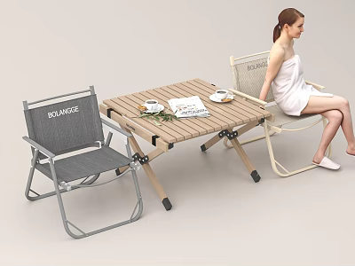 Outdoor Folding Table And Chair Set With Wooden Top And Gray Beige Seats 3d model