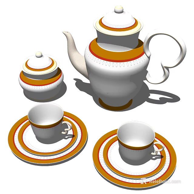 Elegant Porcelain Tea Set With Orange White Stripes Teapot Cups And Saucers 3d model 