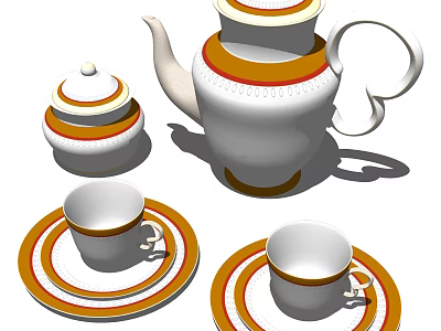 Elegant Porcelain Tea Set With Orange White Stripes Teapot Cups And Saucers 3d model