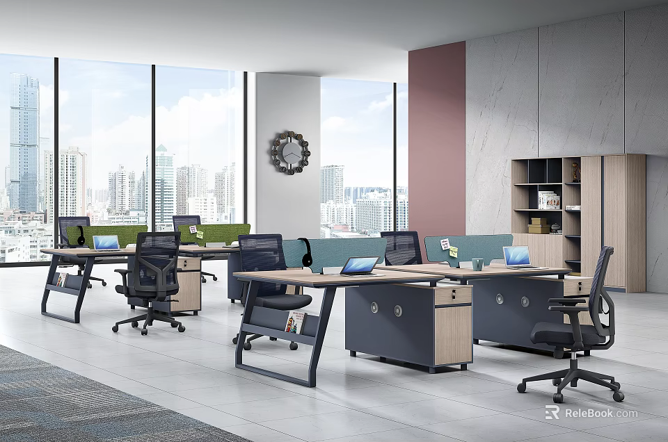 Modern Office Interior Design With Large Windows City View Desks Office Chairs And Clock 3d model 