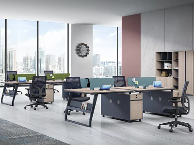 Modern Office Interior Design With Large Windows City View Desks Office Chairs And Clock 3d model