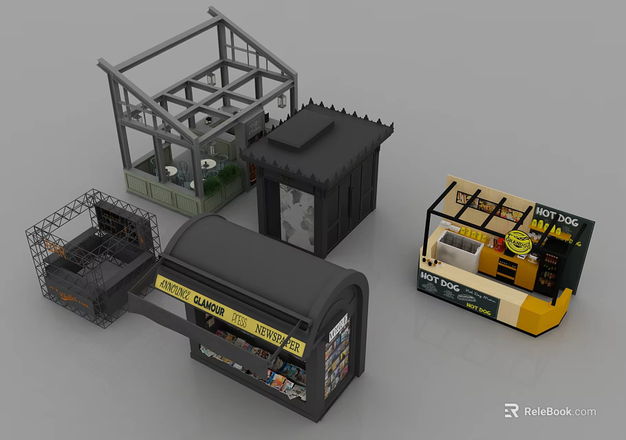 Various Miniature Model Structures Including Police Booth Hot Dog Stand And Cage 3d model 