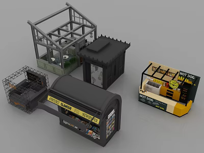 Various Miniature Model Structures Including Police Booth Hot Dog Stand And Cage 3d model