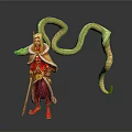 Elegant Woman in Red Orange Outfit With Snake Decorations And Magic Staff