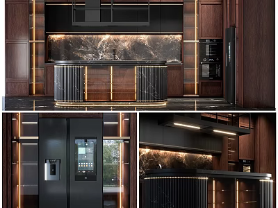 Elegant Modern Kitchen Interior With Dark Wood Cabinets And Marble Countertop 3d model