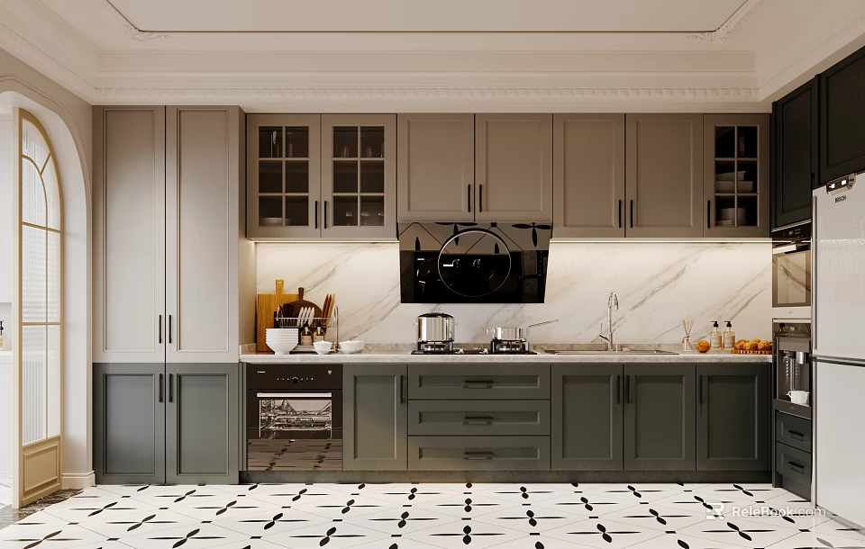 Modern Kitchen Interior Design With Gray Cabinets Marble Countertops And Appliances 3d model 