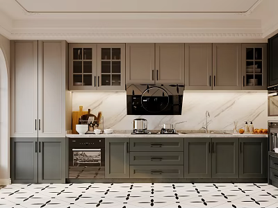 Modern Kitchen Interior Design With Gray Cabinets Marble Countertops And Appliances 3d model
