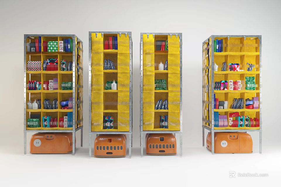 Yellow Frame Display Shelves With Various Products And Orange Base Boxes 3d model 