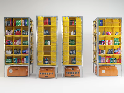 Yellow Frame Display Shelves With Various Products And Orange Base Boxes 3d model