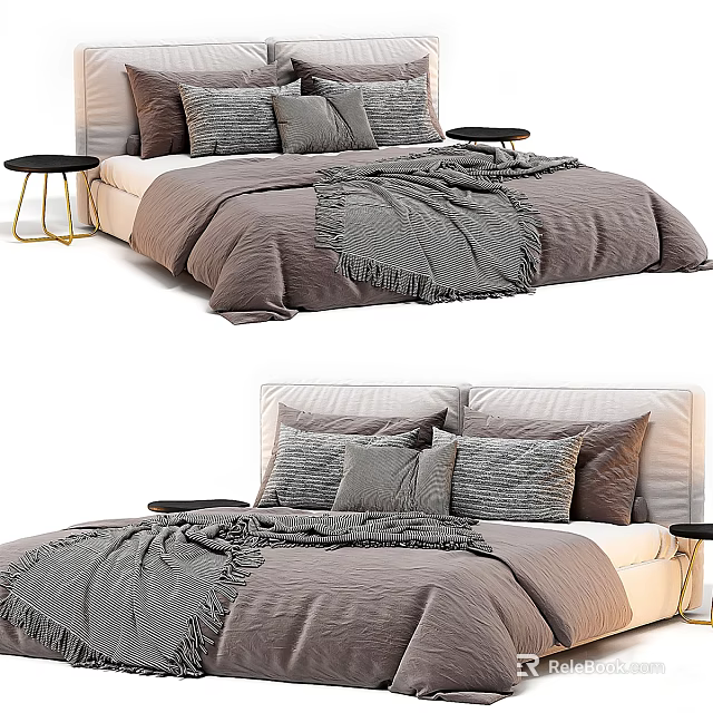 Double Bed With Brown Bedspread Gray Blanket Multiple Pillows And Black Nightstands With Gold Legs 3d model 