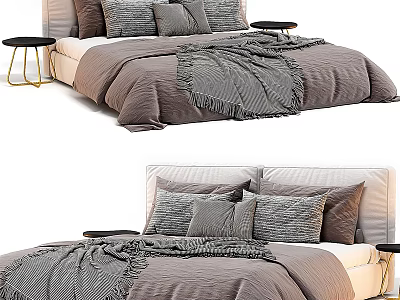 Double Bed With Brown Bedspread Gray Blanket Multiple Pillows And Black Nightstands With Gold Legs 3d model