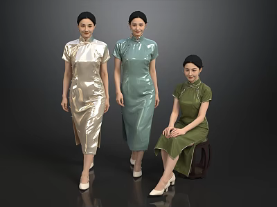 Three Women Wearing Golden Green And Dark Green Qipao Standing And Sitting On Gray Background 3d model