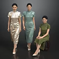 Three Women Wearing Golden Green And Dark Green Qipao Standing And Sitting On Gray Background