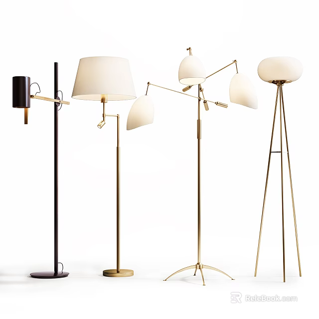 Modern Floor Lamps With Brass Frames And Adjustable Shades In Different Designs 3d model