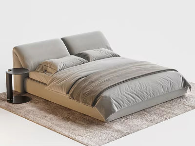 Modern Upholstered Double Bed With Light Grey Bedding And Black Nightstand On Beige Rug 3d model