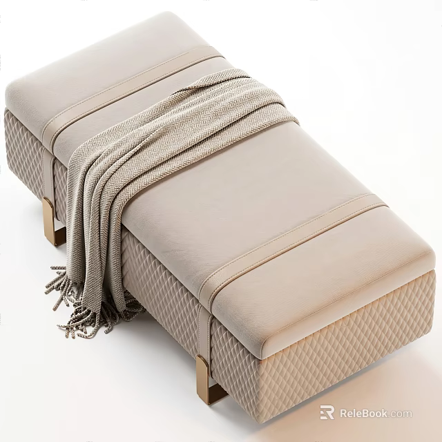 Modern Upholstered Ottoman With Knitted Throw Blanket And Textured Upholstery 3d model 