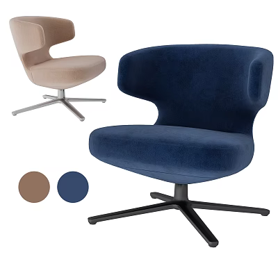 Comfortable Modern Accent Chair With Curved Backrest Swivel Base Blue Beige Colors 3d model