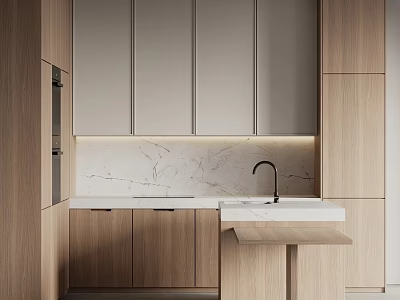 Modern Kitchen Interior Design Featuring Wooden Cabinets Marble Countertop And Sink 3d model