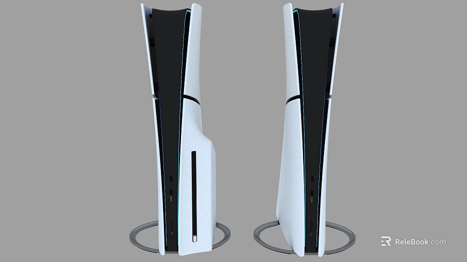 Two White Vertical Gaming Consoles With Black Panels Blue Accents And Circular Base At Bottom 3d model 