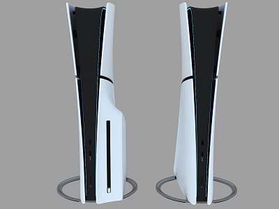 Two White Vertical Gaming Consoles With Black Panels Blue Accents And Circular Base At Bottom 3d model