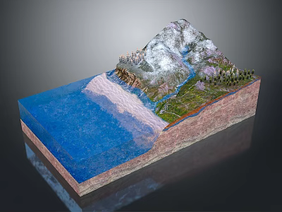 Modern Geological Model Displaying Mountain Water Layered Structure And Vegetation Details 3d model