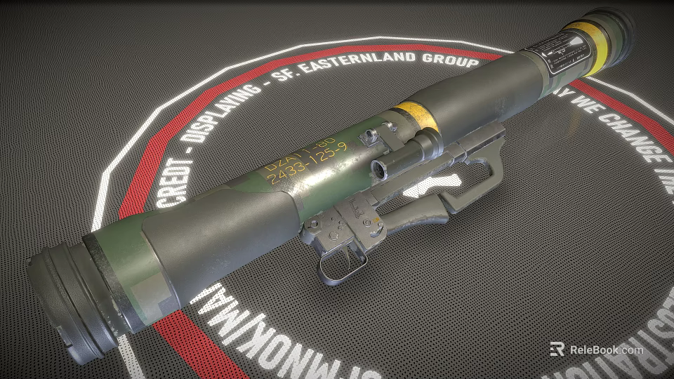 Military Rocket Launcher With Camouflage Pattern Yellow Stripe And Easternland Group Logo 3d model 