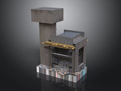 Industrial Concrete Architectural Component With Tall Cube Lower Section Yellow Accents And Colorful Base 3d model