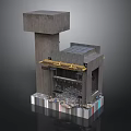 Industrial Concrete Architectural Component With Tall Cube Lower Section Yellow Accents And Colorful Base