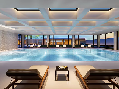 Indoor Swimming Pool with Loungers Large Windows and Modern Ceiling Lighting Design 3d model