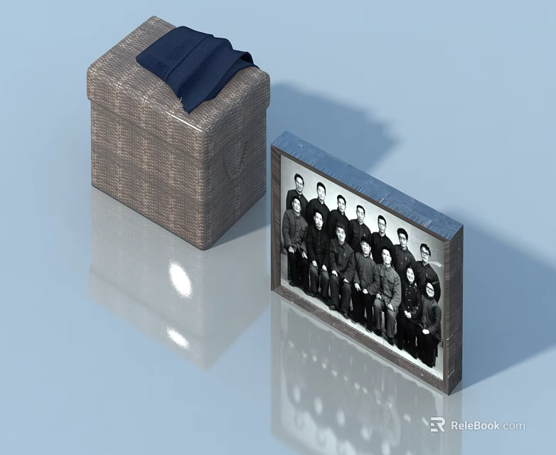 Wicker Pet Cabinet With Dark Blue Cloth On Top And Photo Frame With Group 3d model 