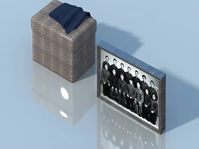 Wicker Pet Cabinet With Dark Blue Cloth On Top And Photo Frame With Group 3d model