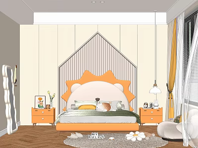 Kids Room Design With Sun Shaped Headboard Orange Bed Nightstands Yellow Curtains And Wooden Flooring 3d model