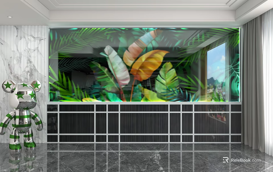 Tropical Leaves Wall Mural with Green Yellow Foliage and Glass Texture in Modern Interior 3d model 