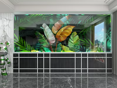 Tropical Leaves Wall Mural with Green Yellow Foliage and Glass Texture in Modern Interior 3d model