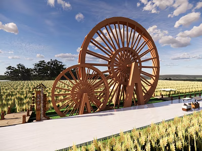 Rural Landscape With Large Wooden Water Wheels And Golden Wheat Fields Under Blue Sky 3d model