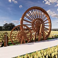 Rural Landscape With Large Wooden Water Wheels And Golden Wheat Fields Under Blue Sky