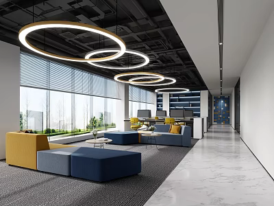 Bright Modern Public Office Area With Cozy Lounge Seats And Unique Circular Ceiling Lighting Design 3d model