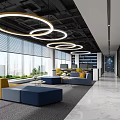 Bright Modern Public Office Area With Cozy Lounge Seats And Unique Circular Ceiling Lighting Design