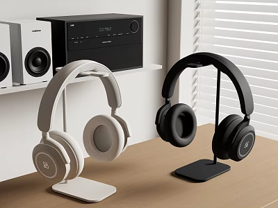Stylish White And Black Headphones On Stands With Modern Stereo Speakers 3d model