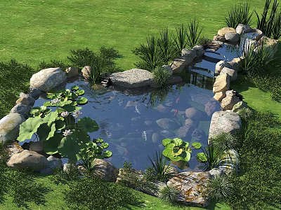 Garden Ornament Featuring Small Pond With Water Lilies Koi Fish And Stones 3d model